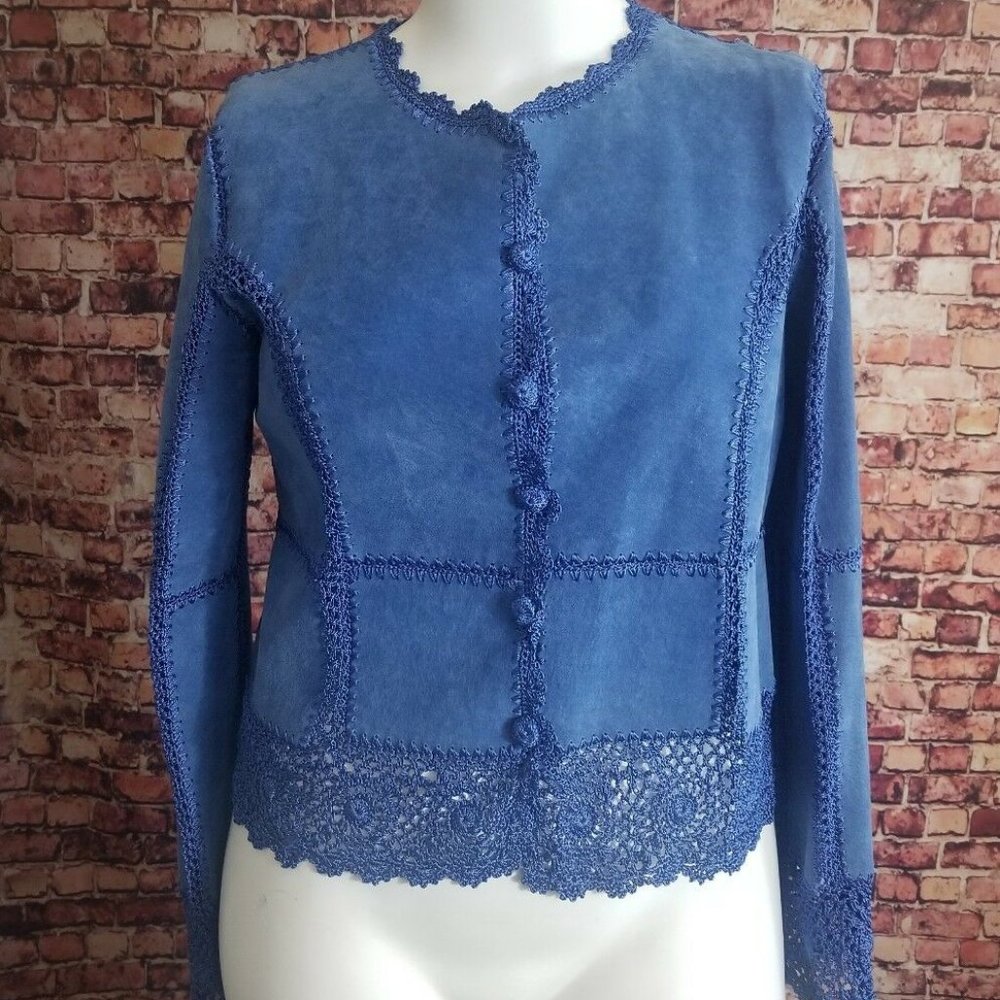 Suede Essential Blue Leather Crotchet Trim Blazer